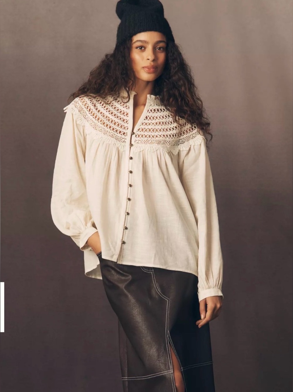 Pilcro Lace Yoke Peasant Blouse Cream Boho Cottagecore Long Sleeve XXS - Picture 1 of 10